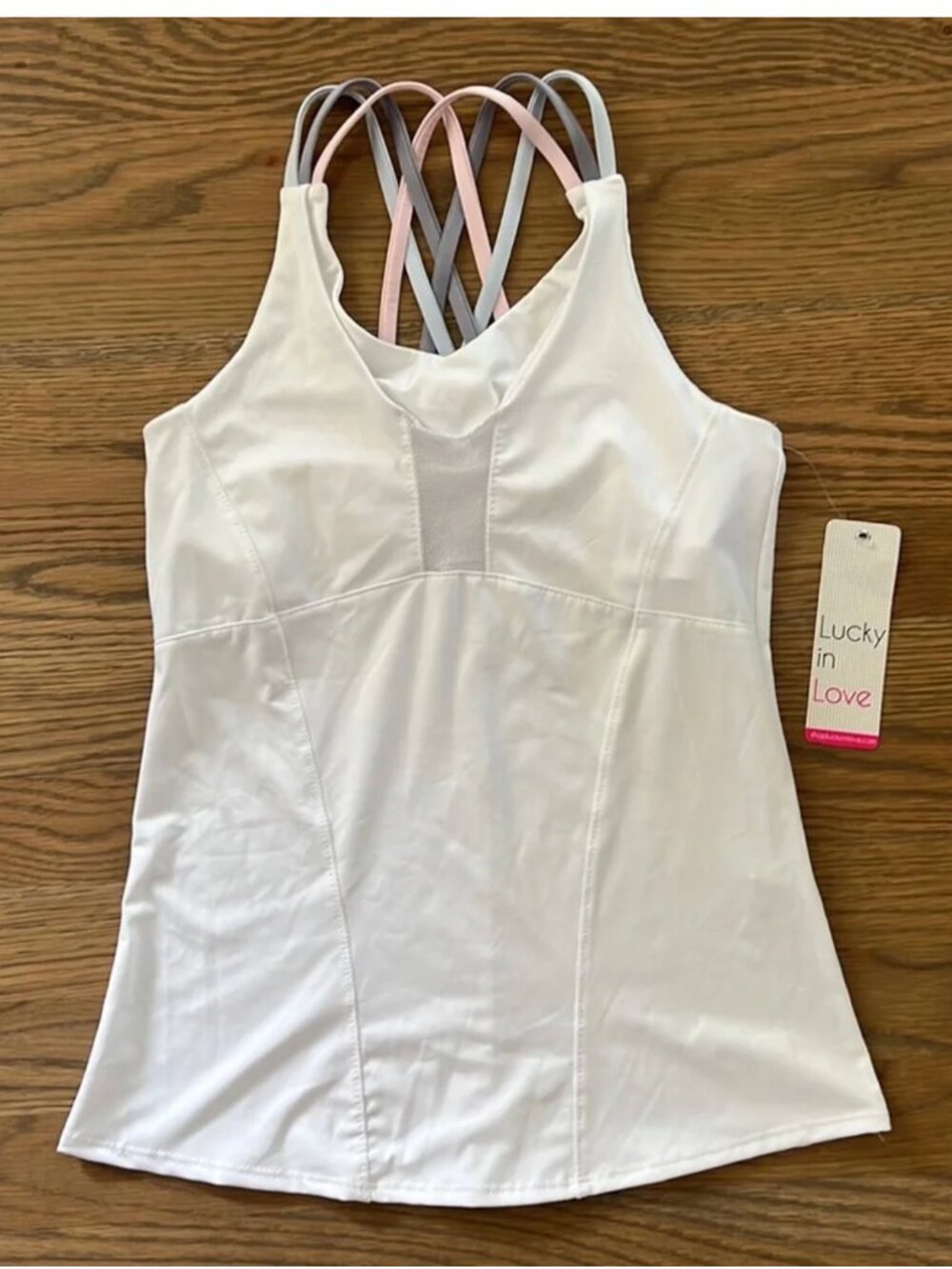 Lucky In Love Tank Top sz XS Women's Double Cross Tennis Cami Shelf Bra White